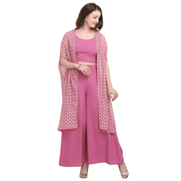 Vamika Crepe Rubber Print Pink Party Wear/Casual Wear/Office Wear Top Plazzo With Shrug - Distacart
