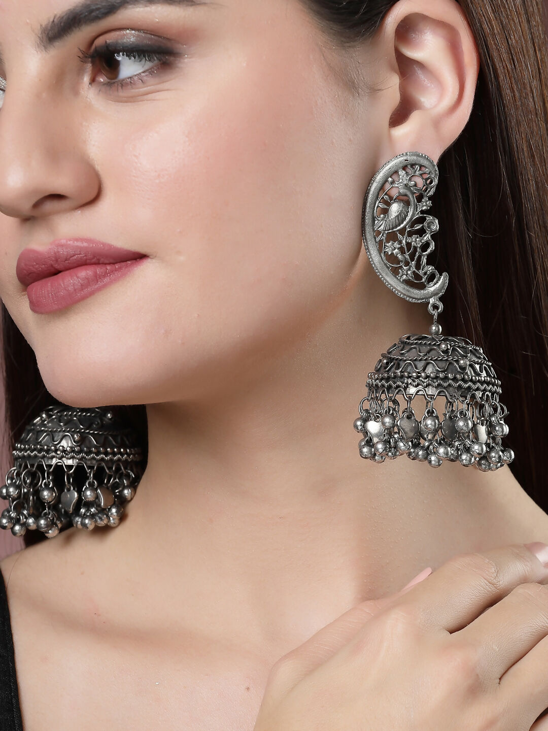 NVR Women's Silver-Plated Oxidised Dome Shaped Jhumka Earrings - Distacart