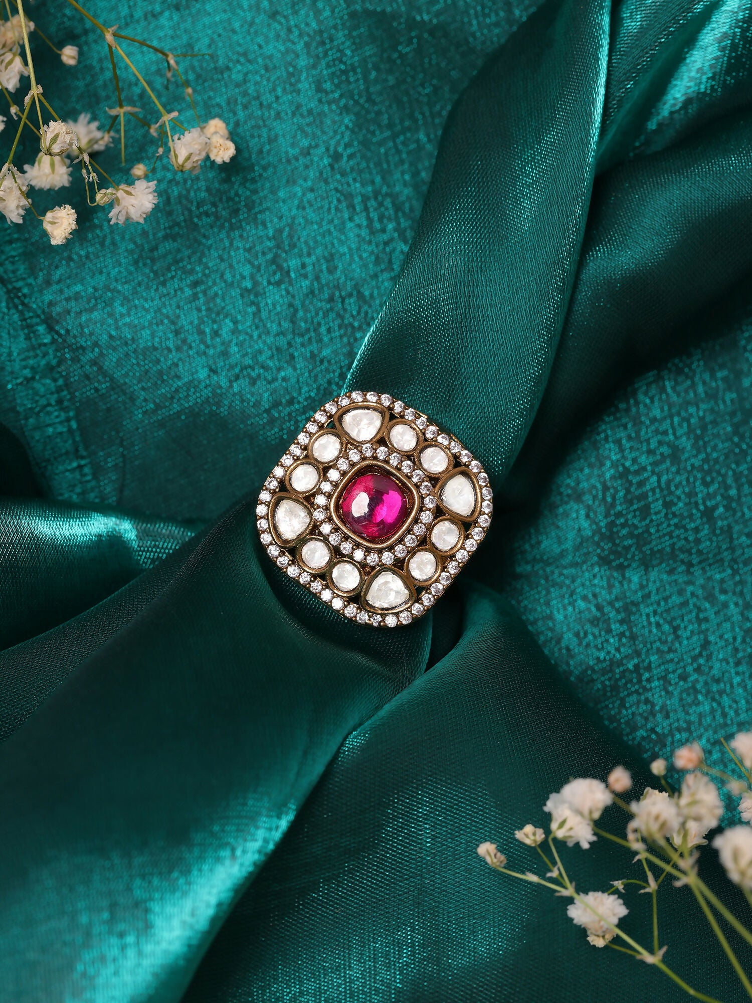 Ruby Raang Gold Polished Maroon Kundan And Stone Ring