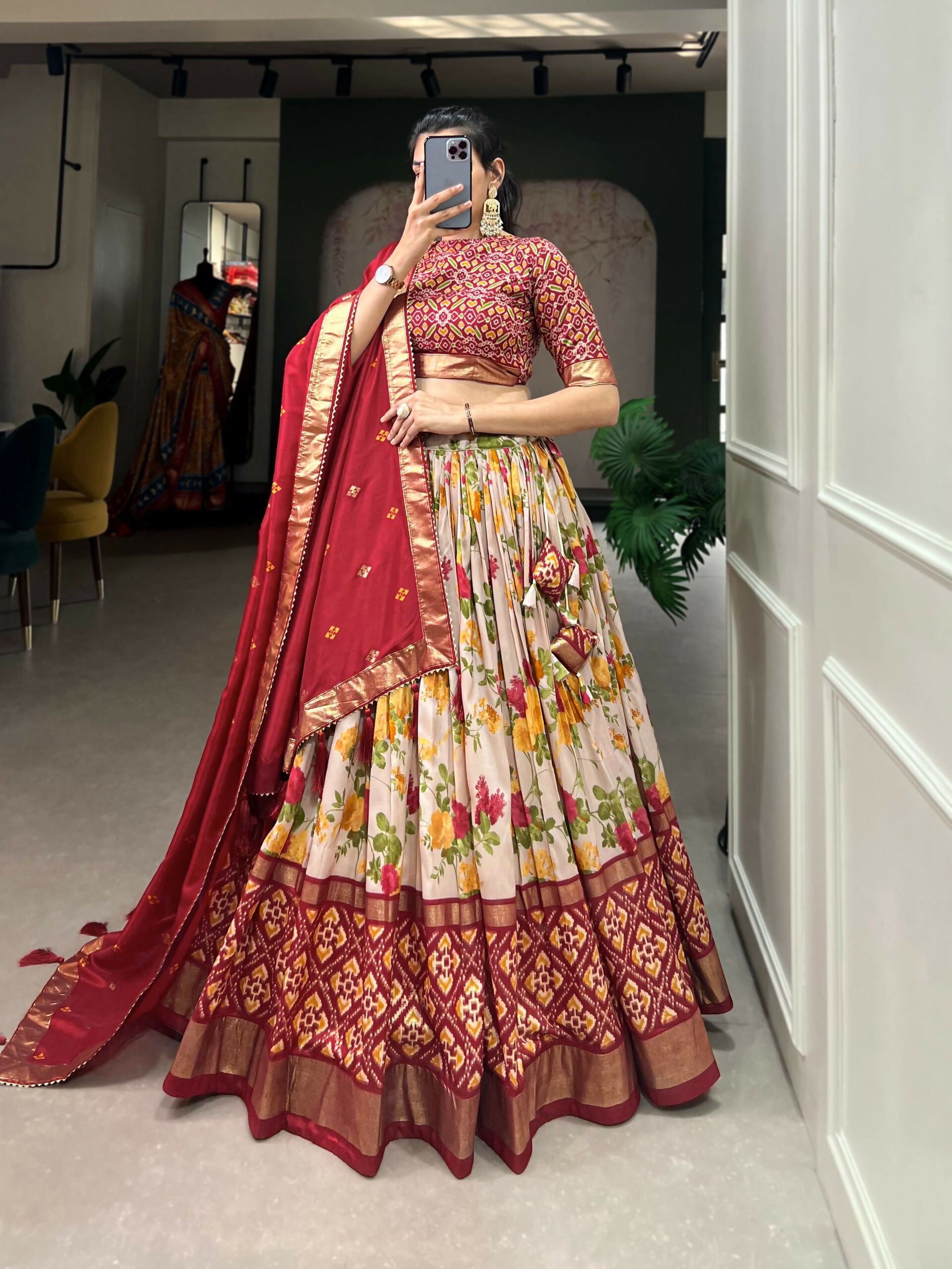 Vastranavya Exquisite Tussar Silk Lehenga Set With Perfect Floral And Patola Print Design Lehenga Choli - Red - Distacart