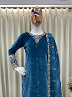 Thumbnail for Vastranavya Sea Blue Velvet Sequence Embroidery Work Kurta & Bottom With Dupatta - Distacart