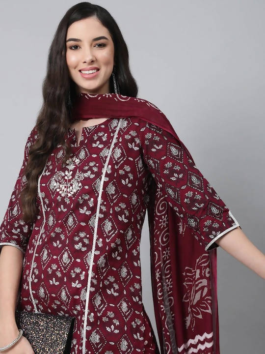 Anubhutee Maroon Ethnic Motifs Thread Work Pure Cotton Kurta with Trousers & With Dupatta - Distacart