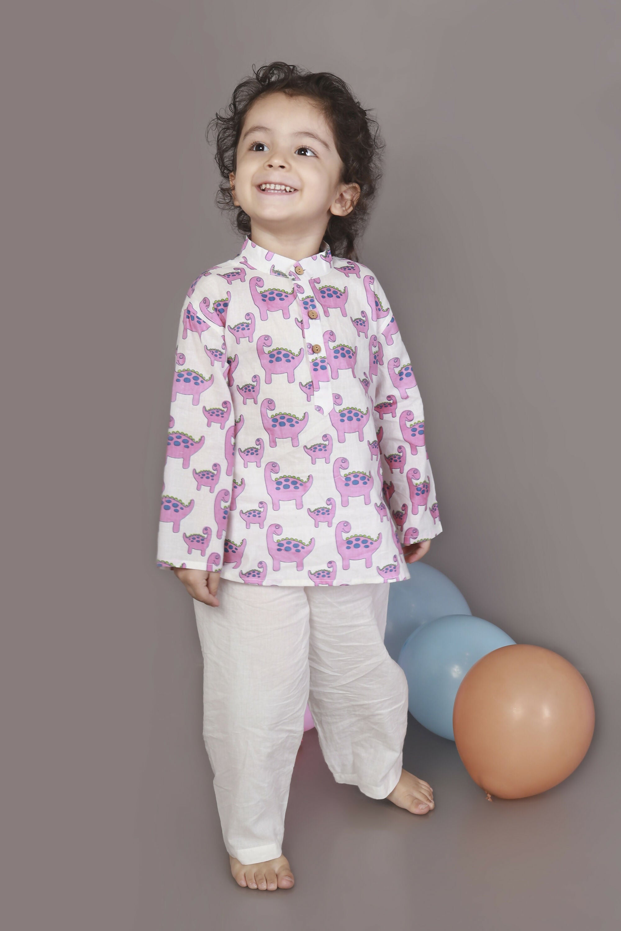 Breathables Kids Boys & Girls Cotton Night Suit – Purple Dinosaur Print Kurta & Pyjama Co-Ord Set - Dista