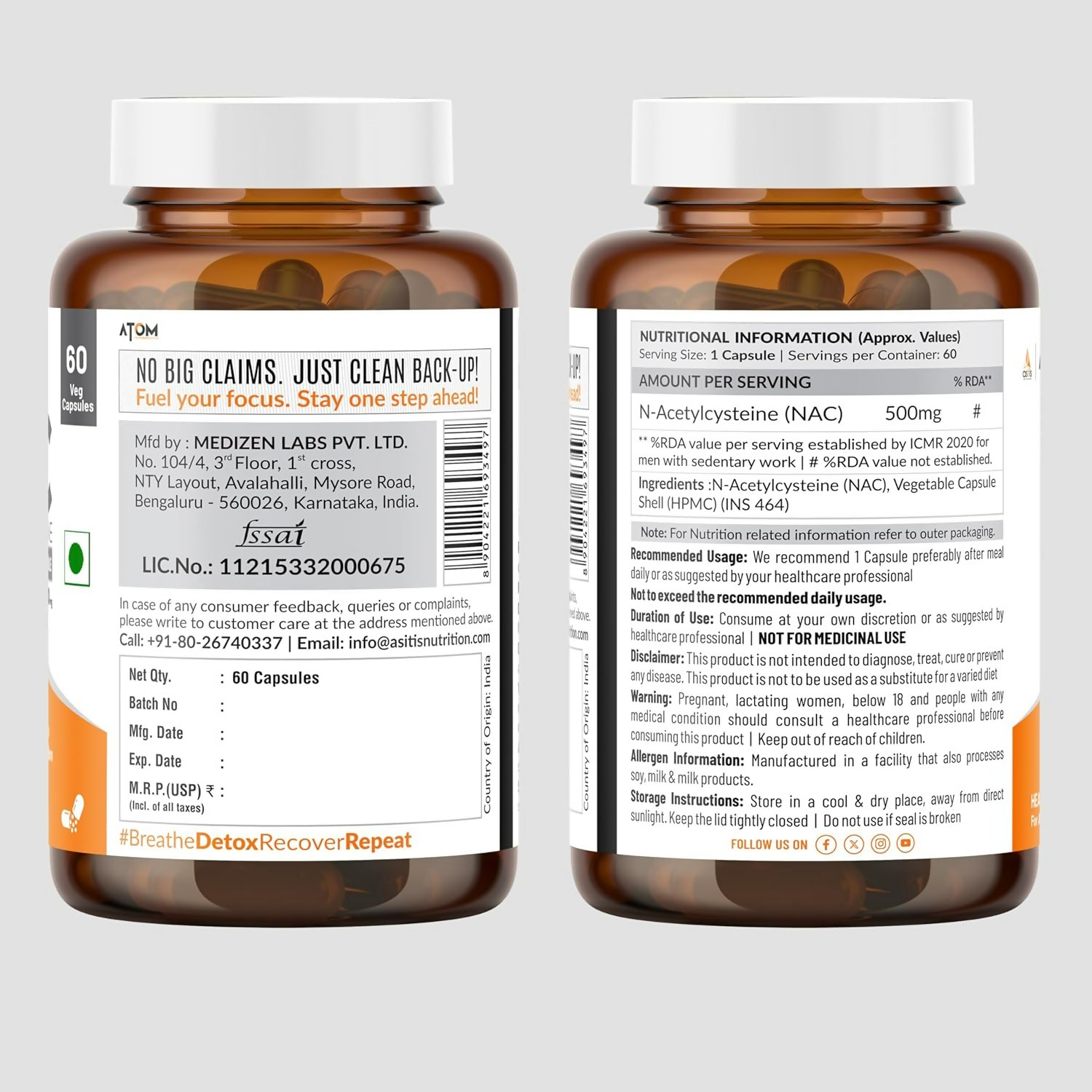 As-It-Is Atom Nac (N-Acetylcysteine) 500Mg Veg Capsules