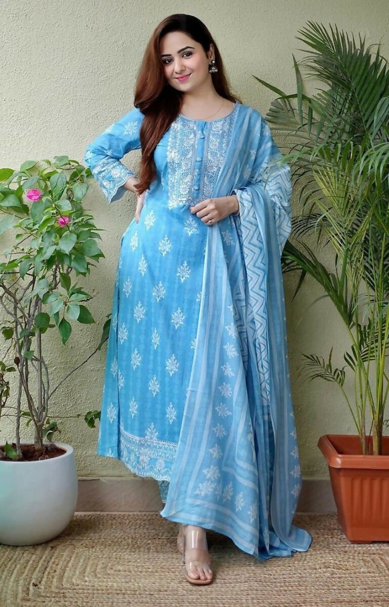 Alvano Women's Printed Straight 3Pcs Kurti with Pant and Dupatta set Cotton (Light Blue) - Distacart