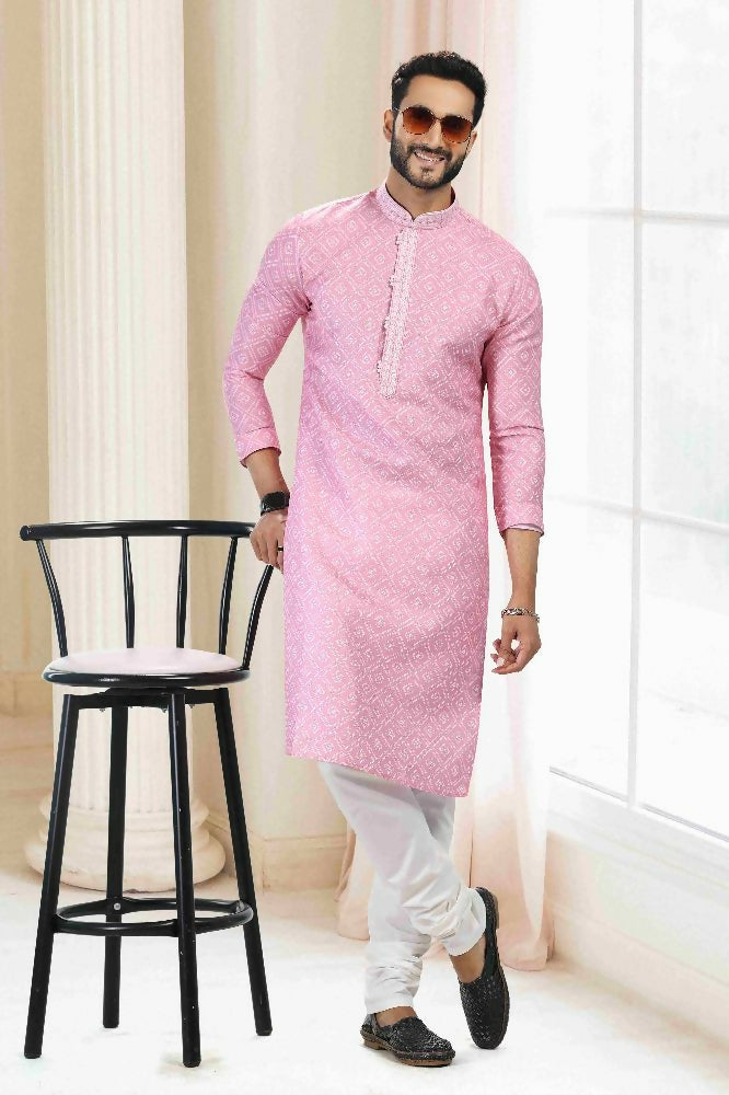 Raivat Ethnic Cotton Thread Work Kurta Pajama In Baby Pink Colour - Dista