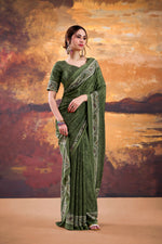 Thumbnail for Vastranavya Mehendi Crepe Printed Saree with Unstitched Blouse - Distacart