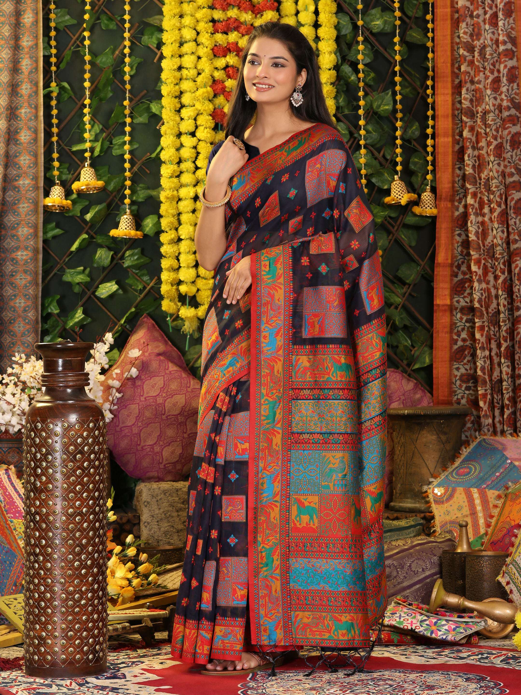 Astita Linen Cotton Navy Blue Saree