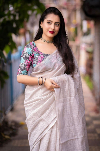 Grey Linen Sequence Saree with Unstitched Blouse - Hiral Fashion - Distacart