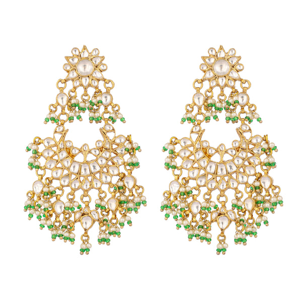 Nuyug 22K Gold-Plated Kundan & Pearl Studded Crescent Shaped Green Beads Chandbalis