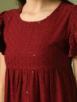 Thumbnail for Myshka Women's Maroon Embroidered Cotton Round Neck A-Line Party Dress - Distacart