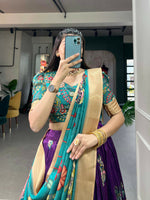 Thumbnail for Vastranavya Kalamkari Print With Weaving Border Lehenga with Unstitched Blouse - Purple - Distacart
