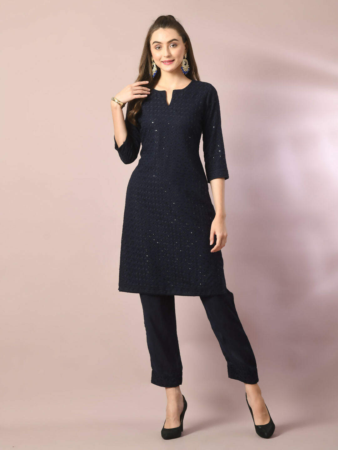 Myshka Women's Navy Blue Embroidered Cotton Straight Party Kurta Set - Distacart