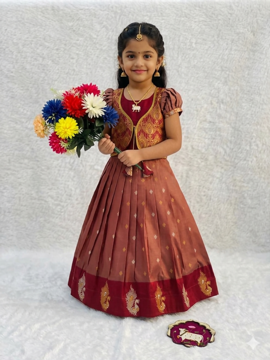 Teeya Creation New Designer Girls Rust Red Silk Traditional Langa Voni Lehenga Set With Koti Jacket-Red - Dista
