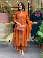 Thumbnail for The52 Orange Women's Gorgeous Chanderi Fabric Embroidered Work Straight Kurta Pant and Dupatta Set - Distacart