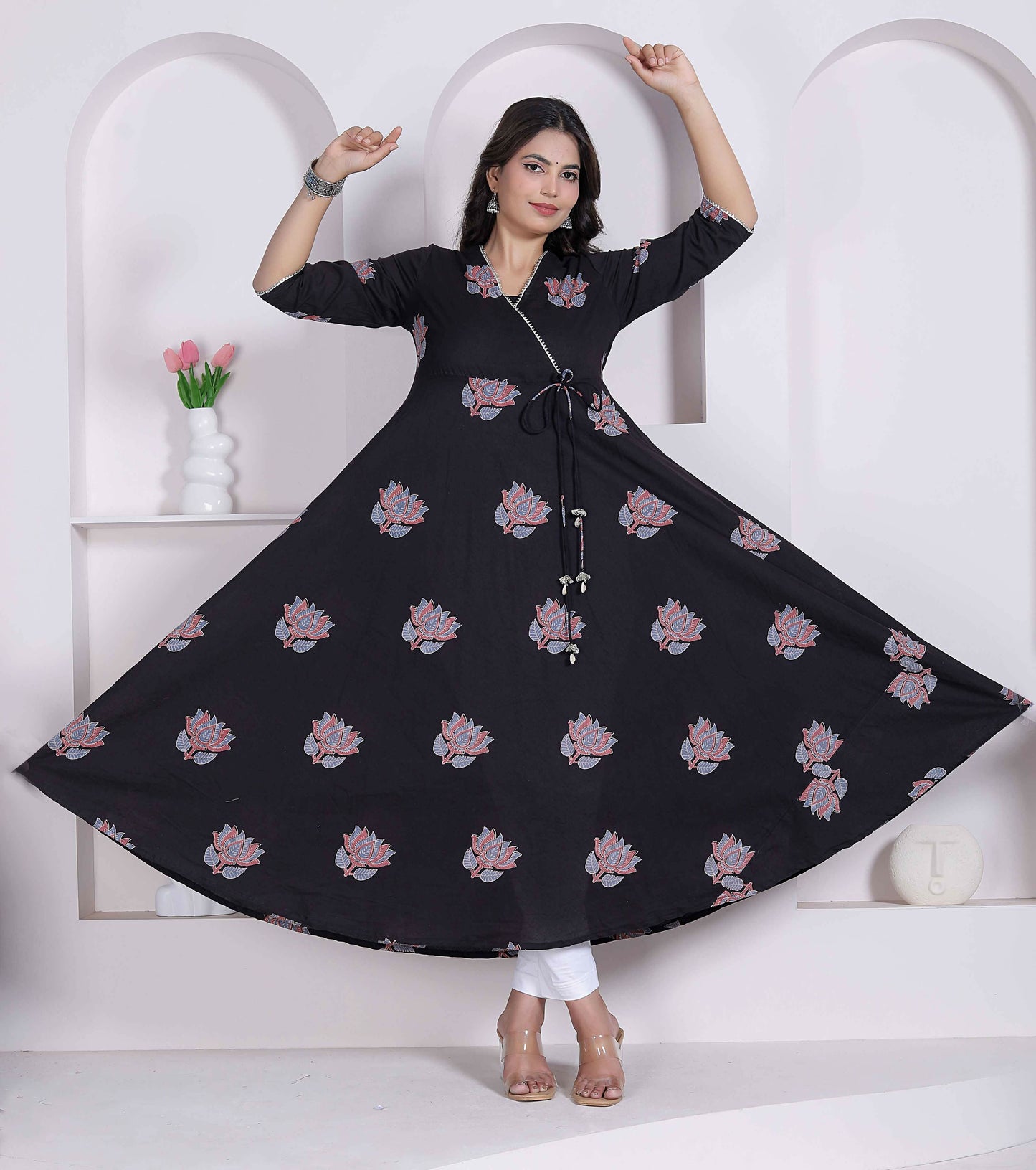 Miravan Womens Cotton Floral Print Anarkali Kurta-Black - Dista