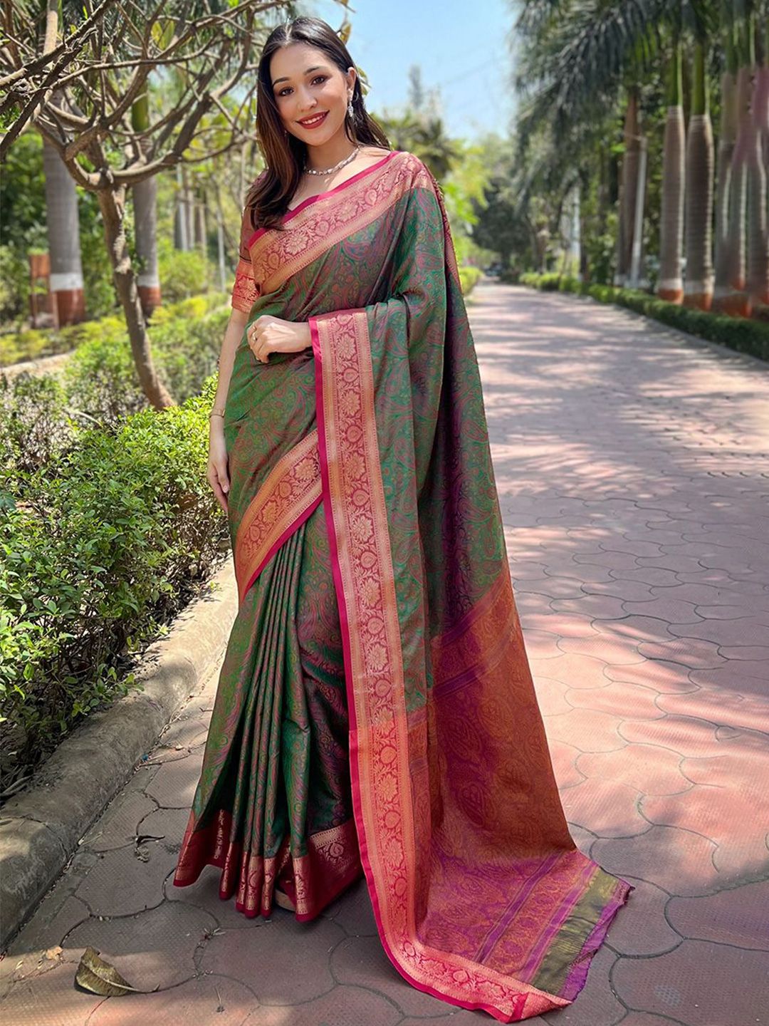 Mitera Ethnic Motifs Zari Silk Blend Saree - Distacart