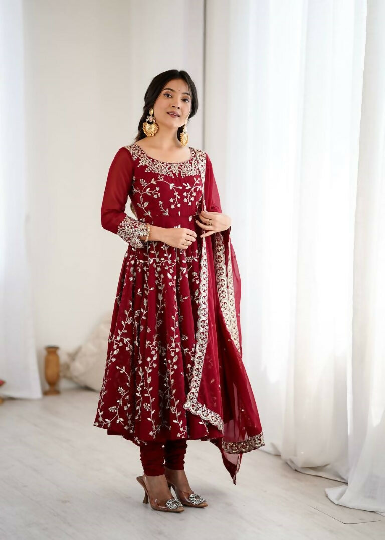 Teeya Creation Maroon Color Heavy Faux Georgette Embroidery Work Gown