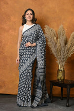 Thumbnail for Very Much Indian Handblock Printed Cotton Saree With Natural Dyes - Black White - Distacart