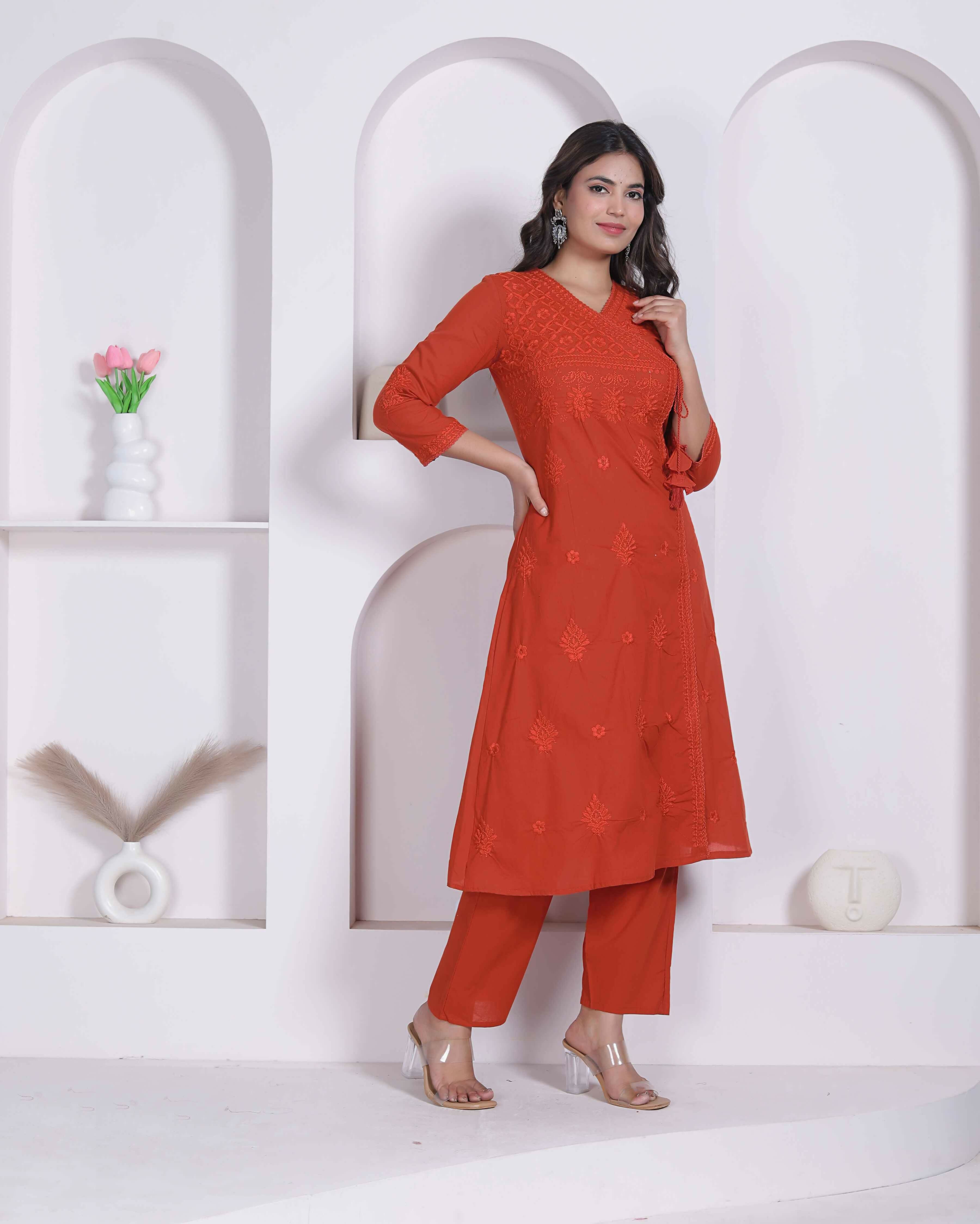 Miravan Womens Rust Floral Printed Angrakha Style Kurta With Palazzo - Dista