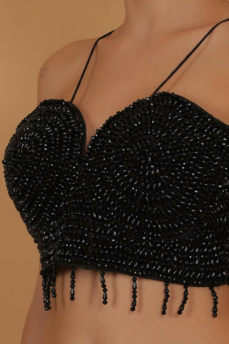 Joban Fashion Silk Pearl And Beads Hand Embroidery Padded Blouse - Black