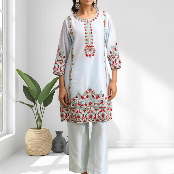 Joban Fashion Sky Blue Silk Embroidered Readymade Long Kurta With Pant - Distacart