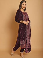 Thumbnail for Aastha Fashion Women's Wine Velvet Floral Resham Thread with Jari & Sequince work Designer Straight Suit Set - Distacart