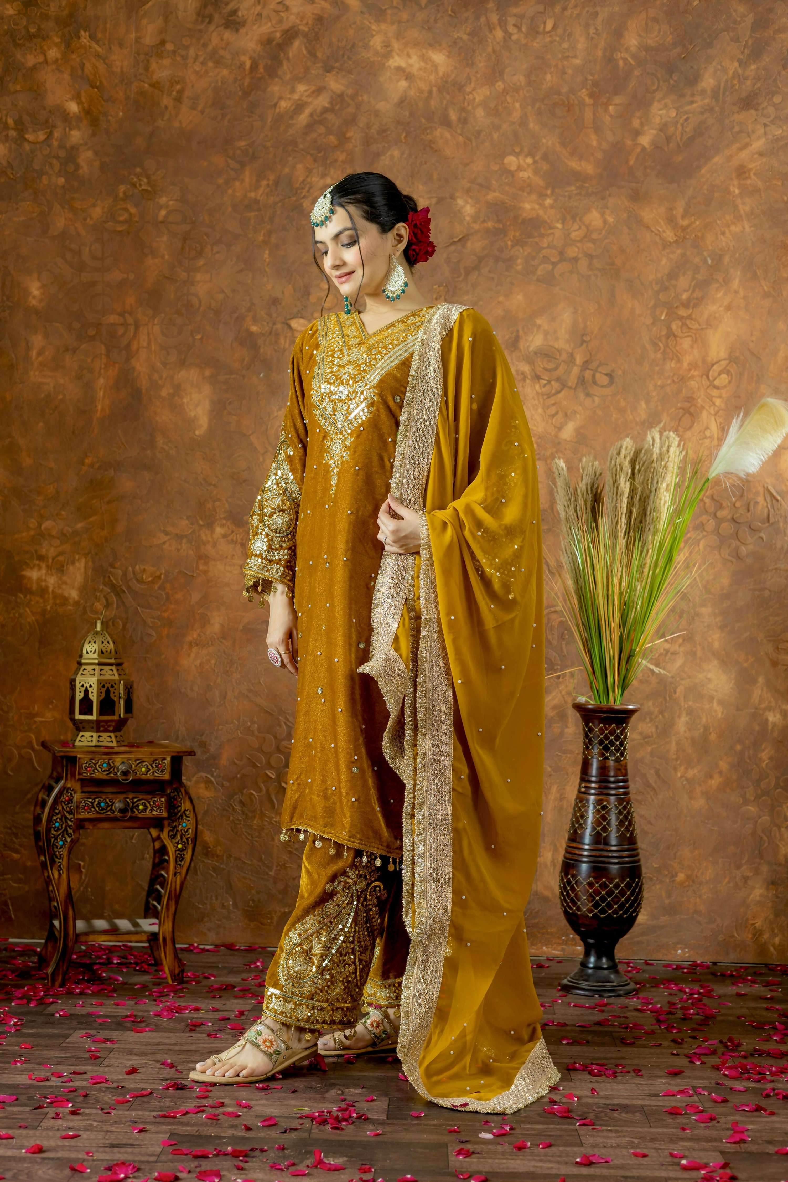 Joban Fashion Mustard Gold Velvet Embroidery Kurta Set