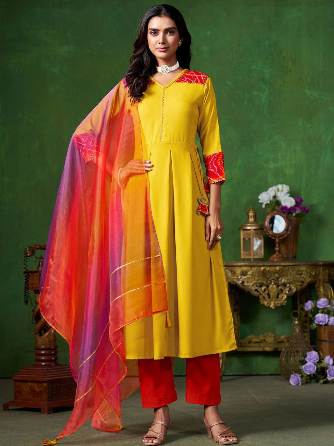 Sangria Yellow V-Neck Three-Quarter Sleeves Regular Gotta Patti Anarkali Kurta & Dupatta - Distacart