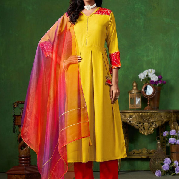 Sangria Yellow V-Neck Three-Quarter Sleeves Regular Gotta Patti Anarkali Kurta & Dupatta - Distacart