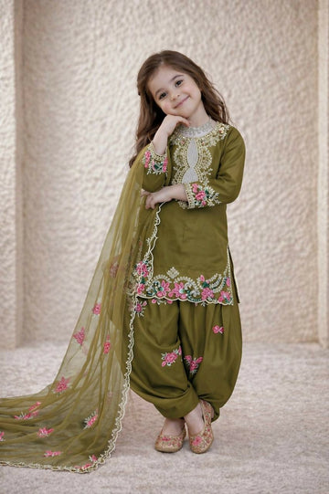 Teeya Creation New Kids Trendy Wedding Wear Traditional Kurta Salwar Set-Green - Dista