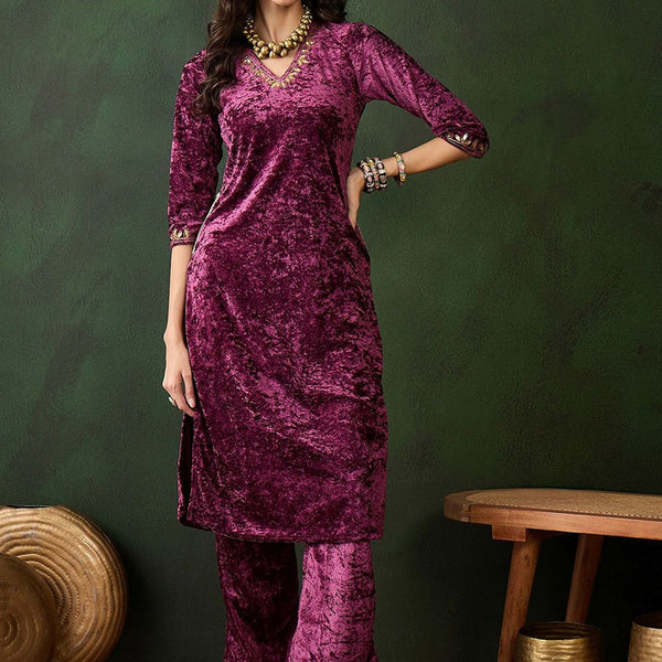 Sangria Embroidered Straight Velvet Kurta - Distacart