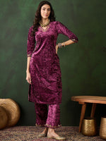 Thumbnail for Sangria Embroidered Straight Velvet Kurta