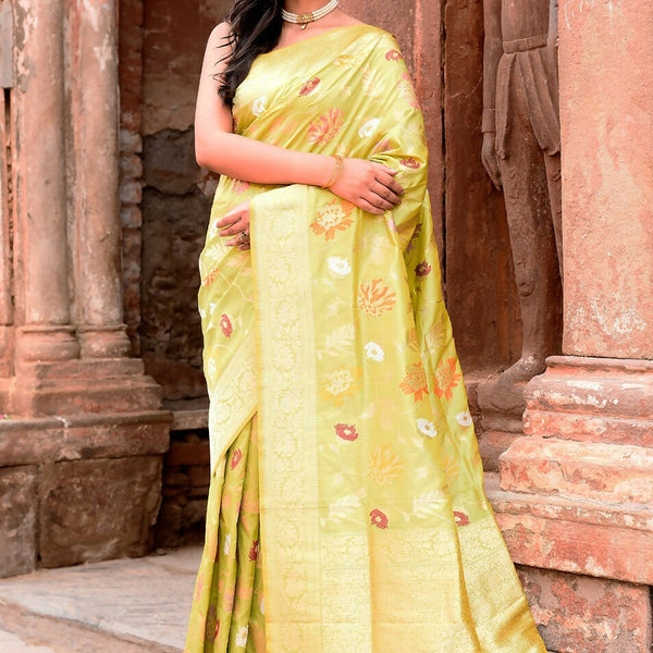 Joban Fashion Light Green Banarasi Katan Pure Handloom Banarasi Silk Saree