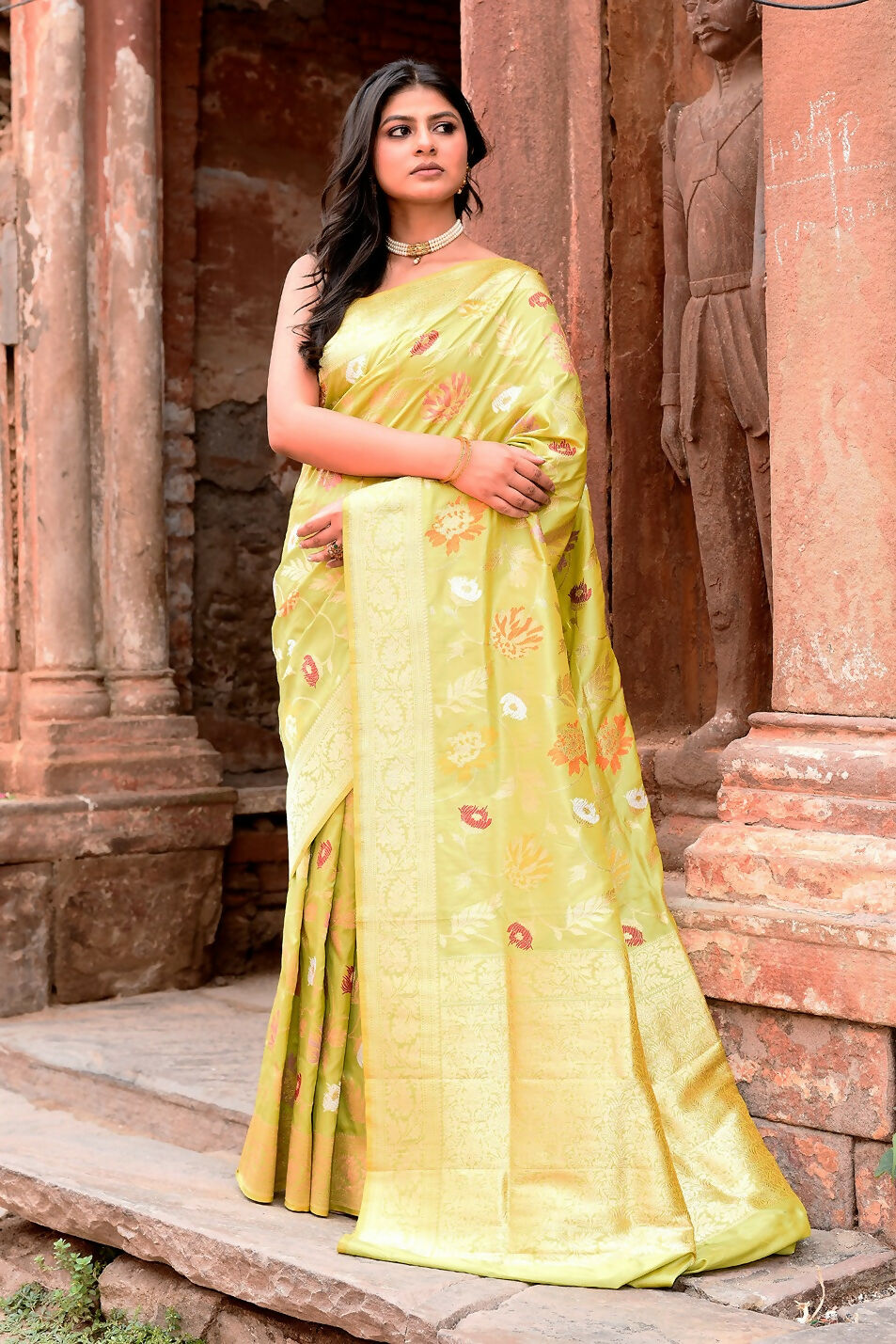 Joban Fashion Light Green Banarasi Katan Pure Handloom Banarasi Silk Saree - Dista