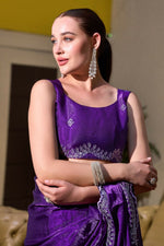 Thumbnail for Vastranavya Purple-Blue Embroidery Work Shimmer Chiffon Saree with Unstitched Blouse