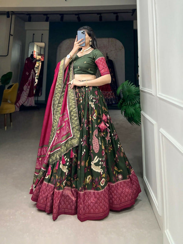 Preksha Creation Tusser Silk With Patola Print With Foil Print Women Lehenga Choli - Green - Distacart