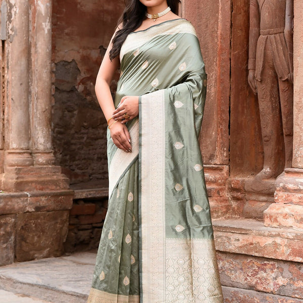 Joban Fashion Dusty Olive Banarasi Katan Pure Handloom Silk Saree