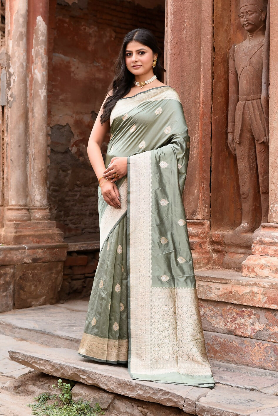 Joban Fashion Dusty Olive Banarasi Katan Pure Handloom Silk Saree - Dista