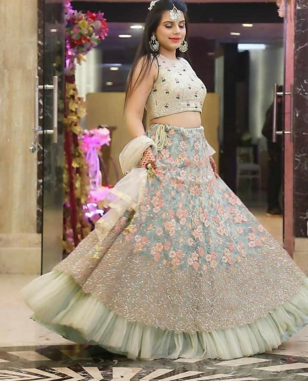 Jyoti Fashion Sea Green 3mm with Thread and Jari Embroidery Net Lehenga Choli with Dupatta - Distacart