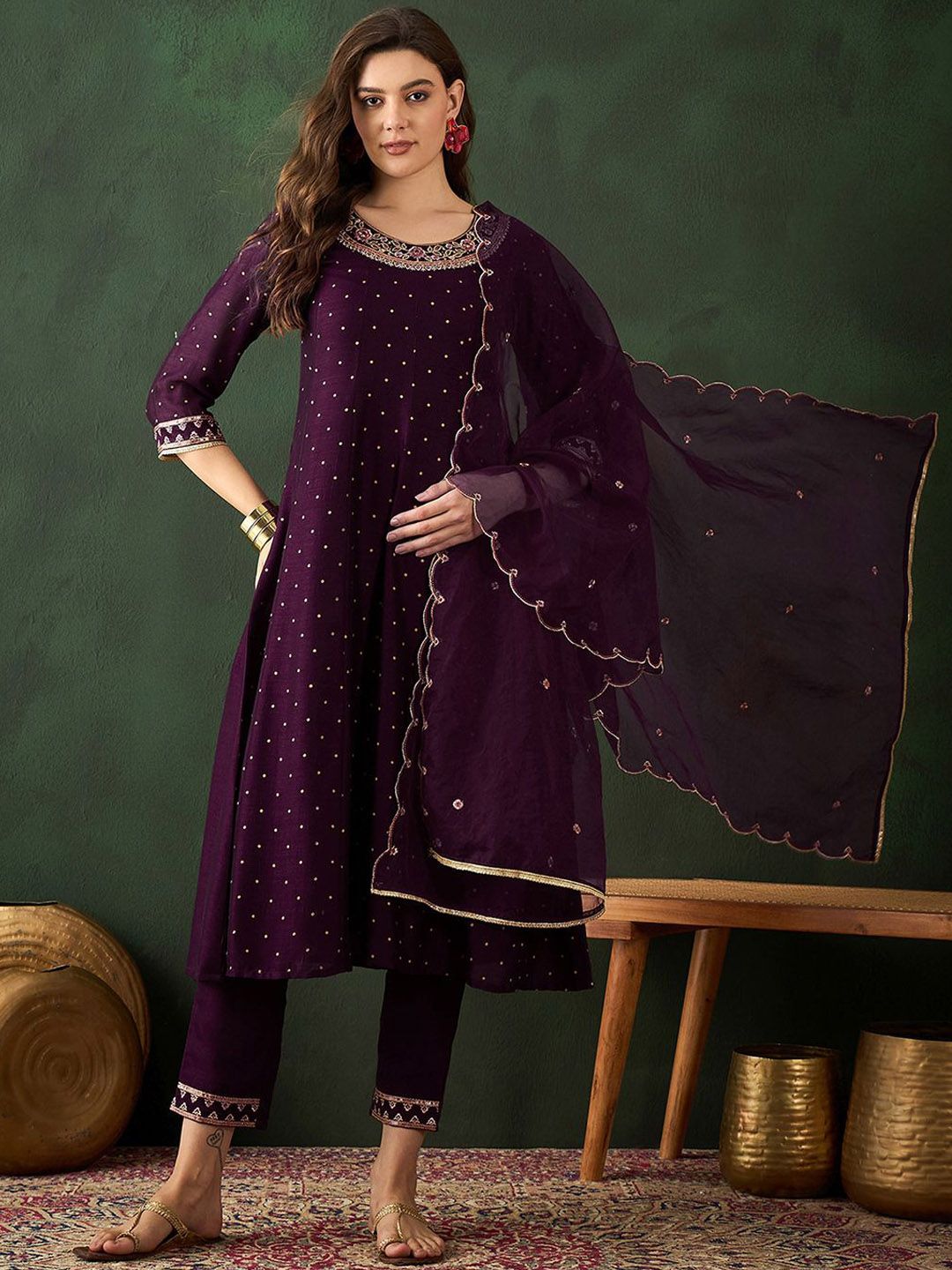 Sangria Floral Embroidered Kurta with Trouser & Dupatta - Distacart
