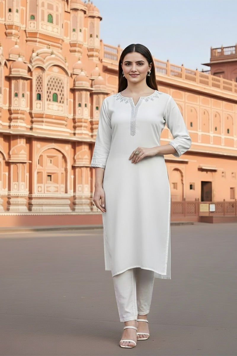 SRS Fashion White Embroidered Rayon Straight Kurta Set - Dista