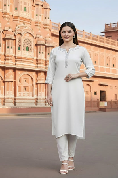 SRS Fashion White Embroidered Rayon Straight Kurta Set - Dista
