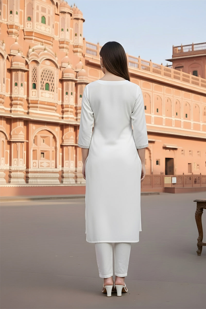 SRS Fashion White Embroidered Rayon Straight Kurta Set - Dista