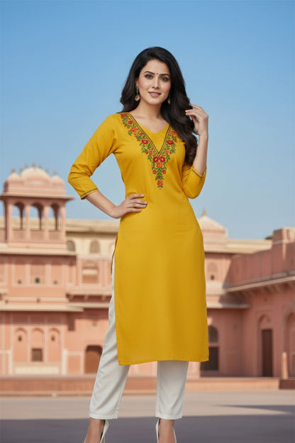 SRS Fashion Yellow Embroidered Rayon Straight Kurta Set - Dista