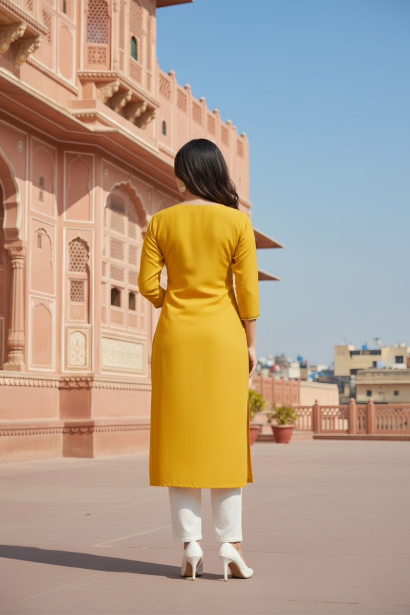SRS Fashion Yellow Embroidered Rayon Straight Kurta Set - Dista