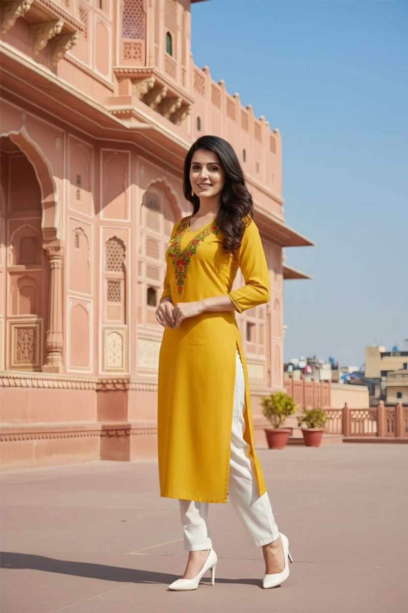SRS Fashion Yellow Embroidered Rayon Straight Kurta Set - Dista