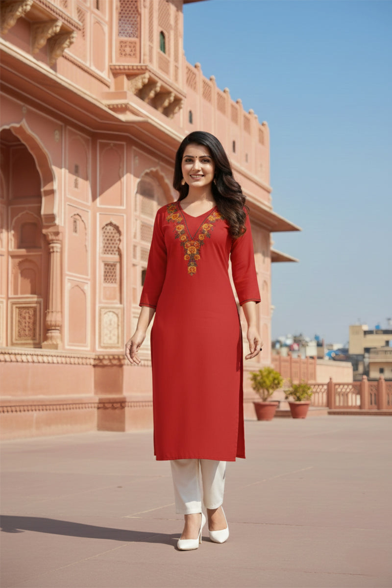 SRS Fashion Red Embroidered Rayon Straight Kurta Set - Dista