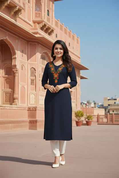 SRS Fashion Black Embroidered Rayon Straight Kurta Set - Dista