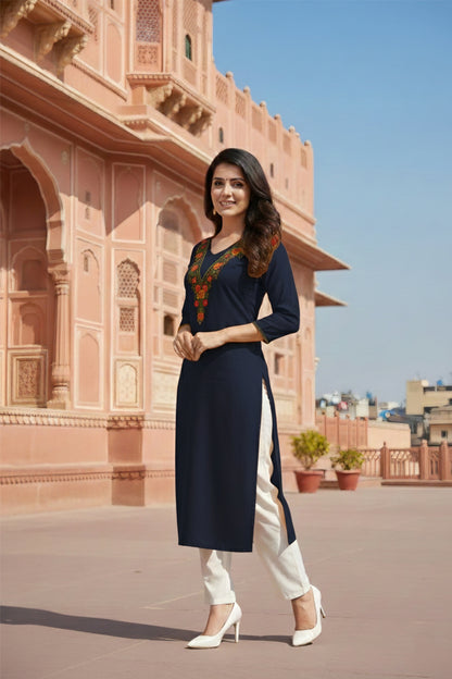 SRS Fashion Black Embroidered Rayon Straight Kurta Set - Dista